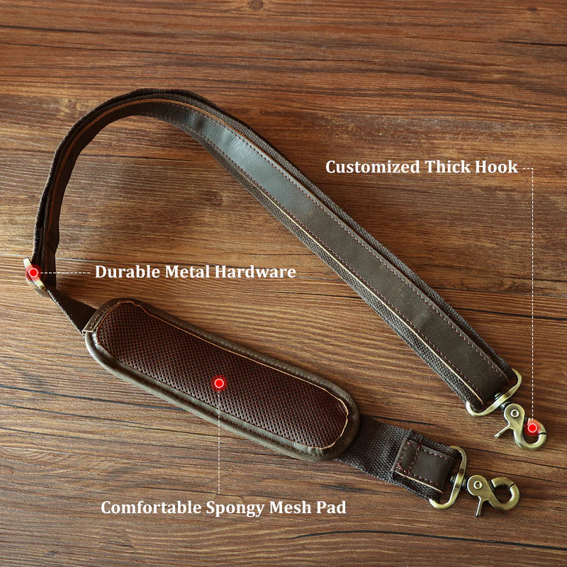 Premium Adjustable Full Grain Leather Shoulder Strap with Sturdy Metal Hooks