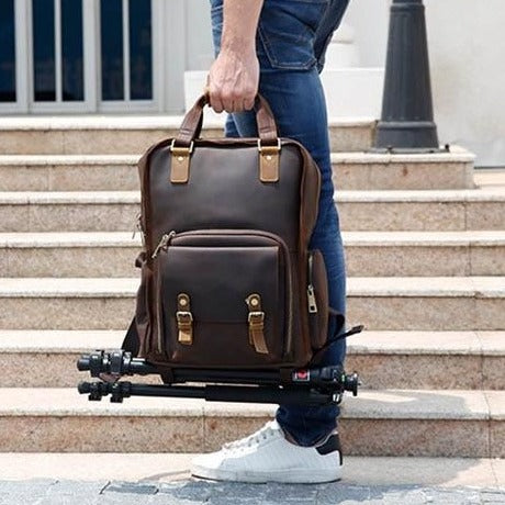 Gotham Premium Leather Backpack for Photographers – Spacious Camera Bag with Tripod Holder