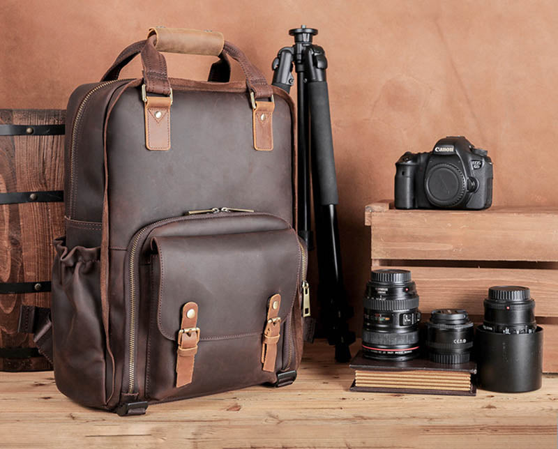 Gotham Premium Leather Backpack for Photographers – Spacious Camera Bag with Tripod Holder