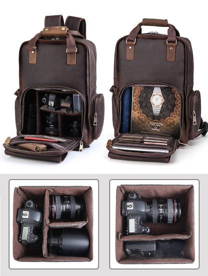 Gotham Premium Leather Backpack for Photographers – Spacious Camera Bag with Tripod Holder