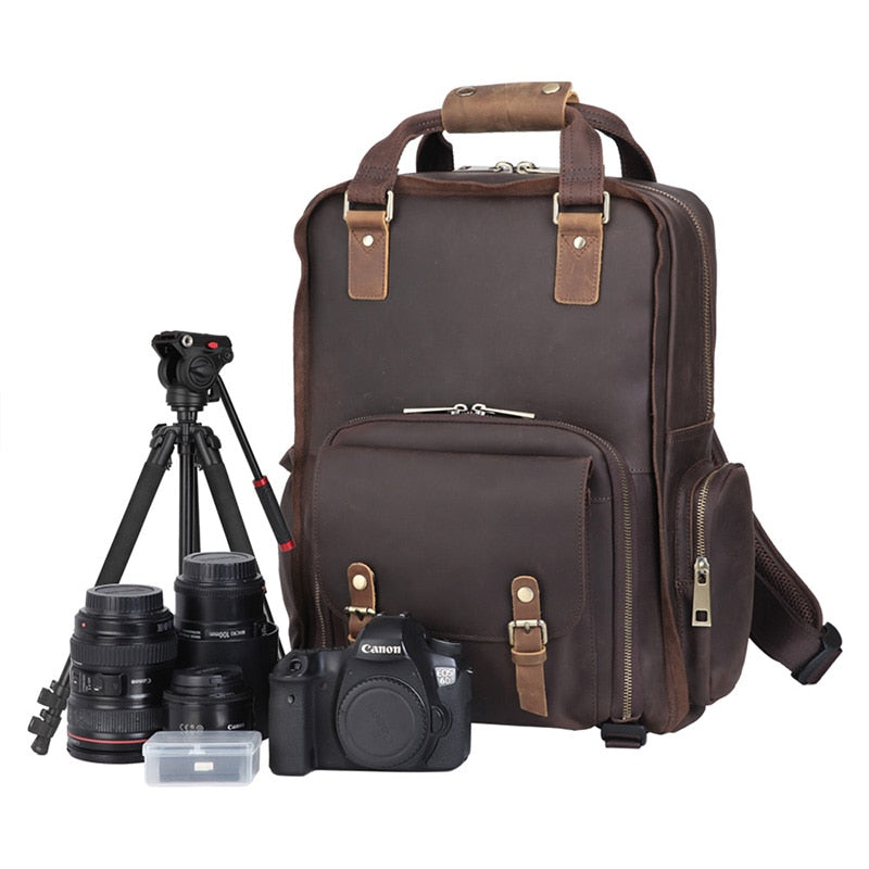 Gotham Premium Leather Backpack for Photographers – Spacious Camera Bag with Tripod Holder