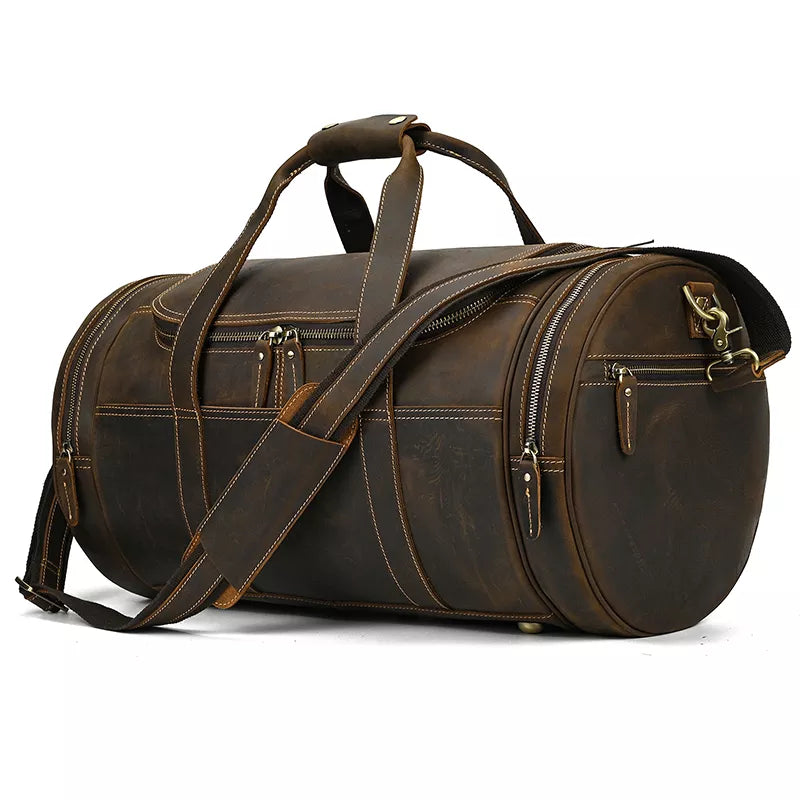 Explore the Warwick Weekender: Timeless Round Vintage Leather Travel Bag