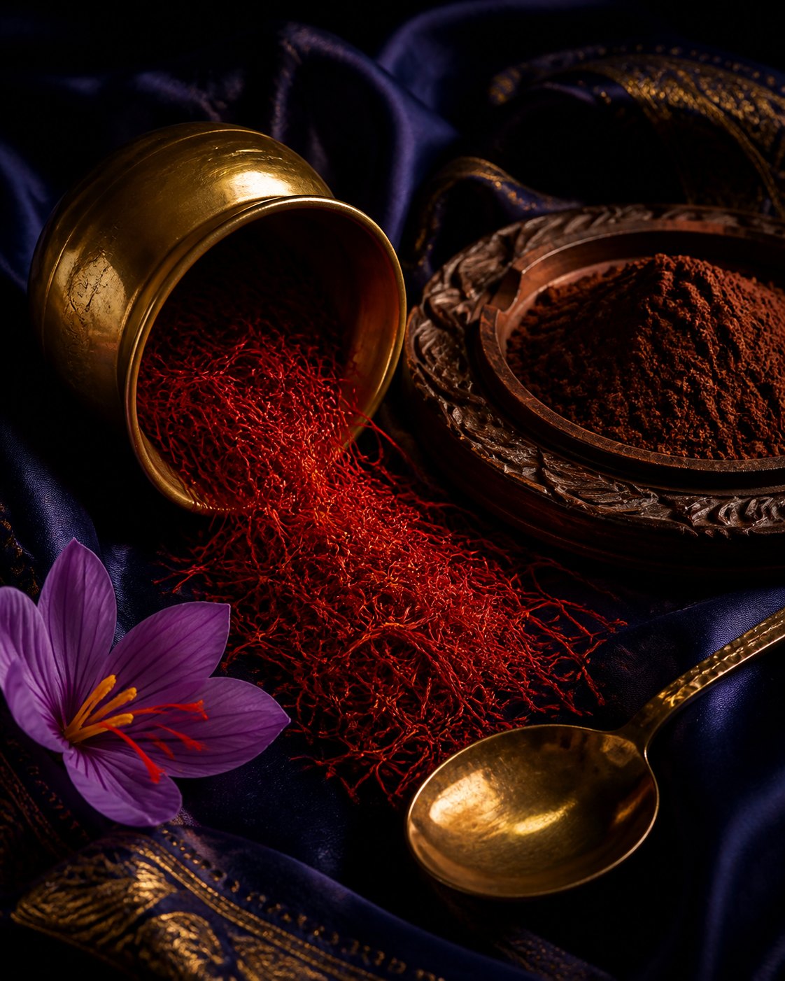 Saffron threads, cocoa, and golden spoon on indigo silk