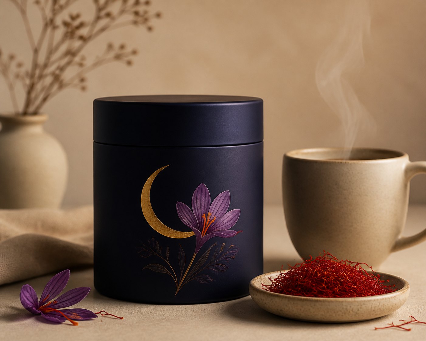 Saffluna tub with saffron threads and a warm mug