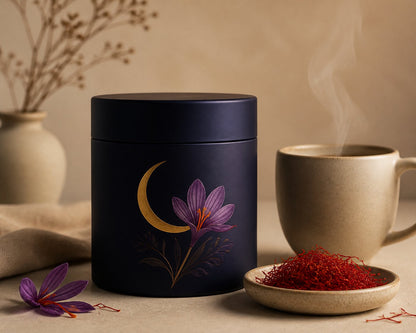 Saffluna tub with saffron threads and a warm mug