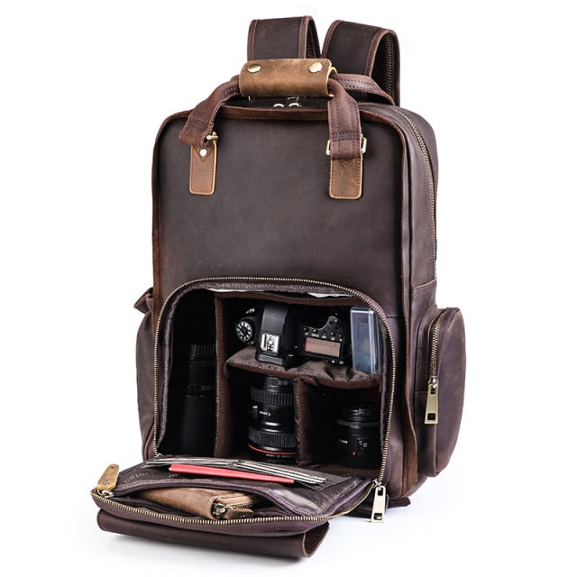 Gotham Premium Leather Backpack for Photographers – Spacious Camera Bag with Tripod Holder